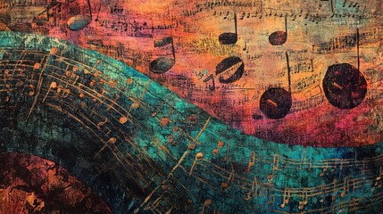 Create an image where musical notes are woven into the fabric of a colorful tapestry.