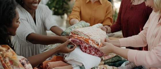 A group of women joyously sorts colorful fabrics, creating a lively and communal atmosphere filled with creativity and camaraderie.