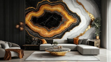 Luxurious Living Room Interior with Stunning Black and Gold Marbled Feature Wall and Modern Furniture Design in an Elegant Contemporary Home Setting