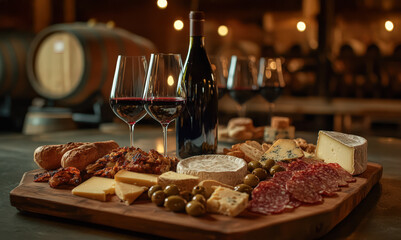 Tabla de quesos, embutidos y aceitunas con pan y vino tinto en bodega con iluminación cálida.
