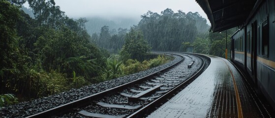 Fototapeta premium A train on rain-soaked tracks curves into a misty jungle setting, shrouded in mystery during a calming downpour.