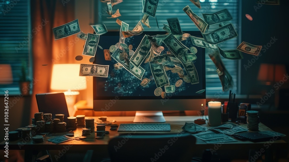 Aufkleber A surreal moment captures currency cascading from above, creating an intriguing atmosphere around a cluttered desk adorned with stacks of cash and warm lighting