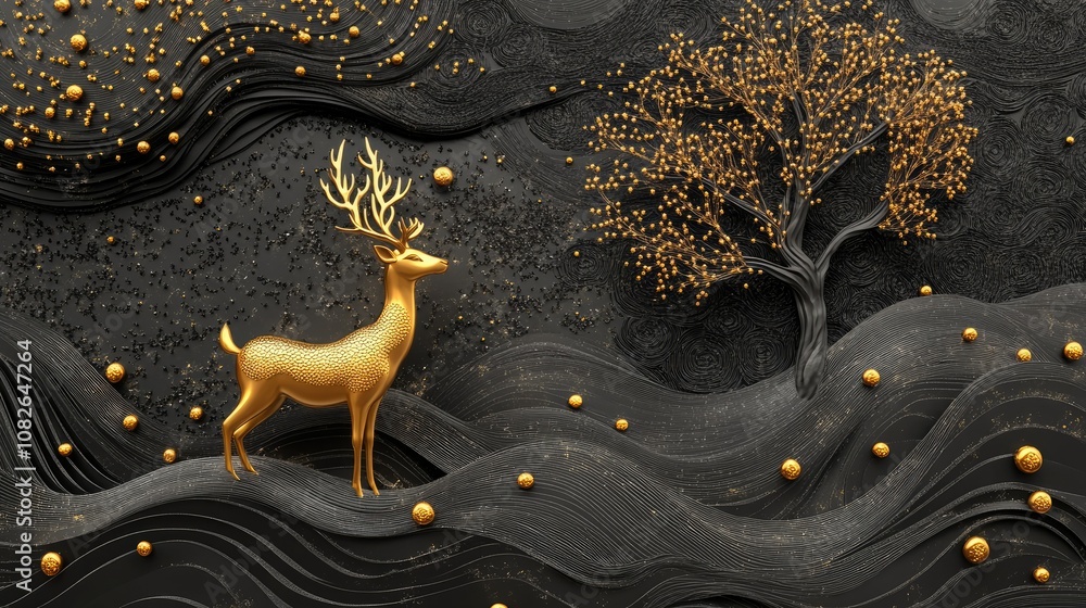 Poster golden deer in an elegant abstract landscape design with textured waves and a decorative tree for ar