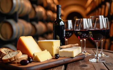 Tabla de quesos con pan y vino tinto en bodega con barricas al fondo e iluminación cálida.