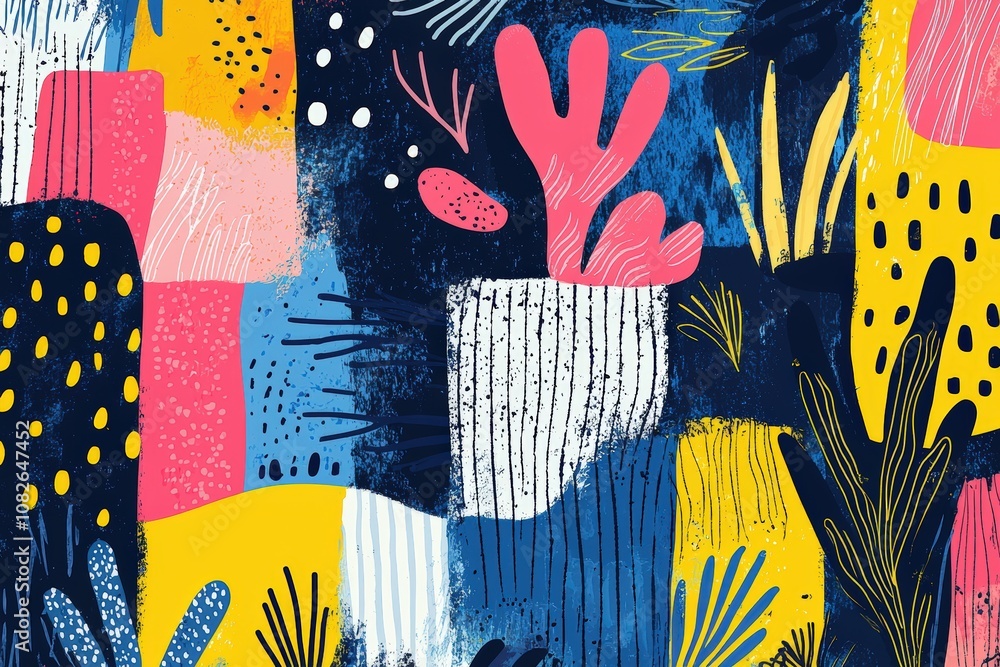Aufkleber Bold patterns in a lively color palette showcase plants and geometric shapes, creating an eye-catching backdrop rich in texture and contrast
