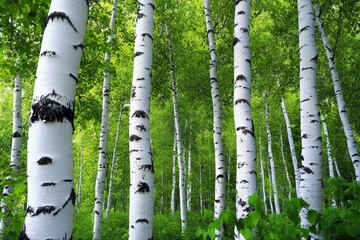 Birch trees with white bark in a forest, standing tall against a backdrop of lush green foliage