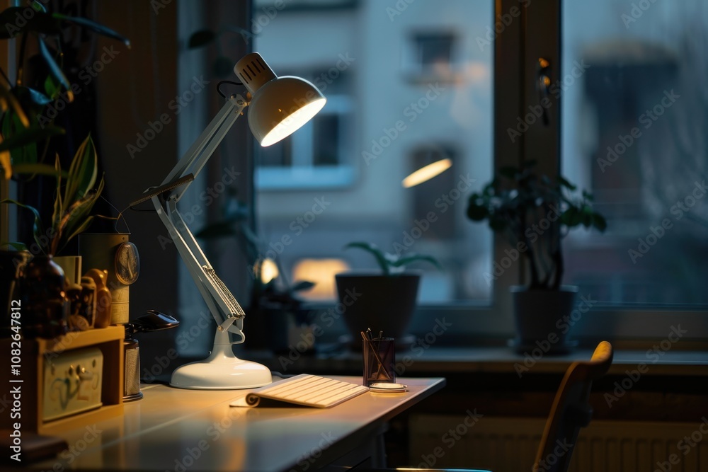 Leinwandbilder a cozy workspace illuminated by a desk lamp, featuring a keyboard and plants, creating a serene atmo