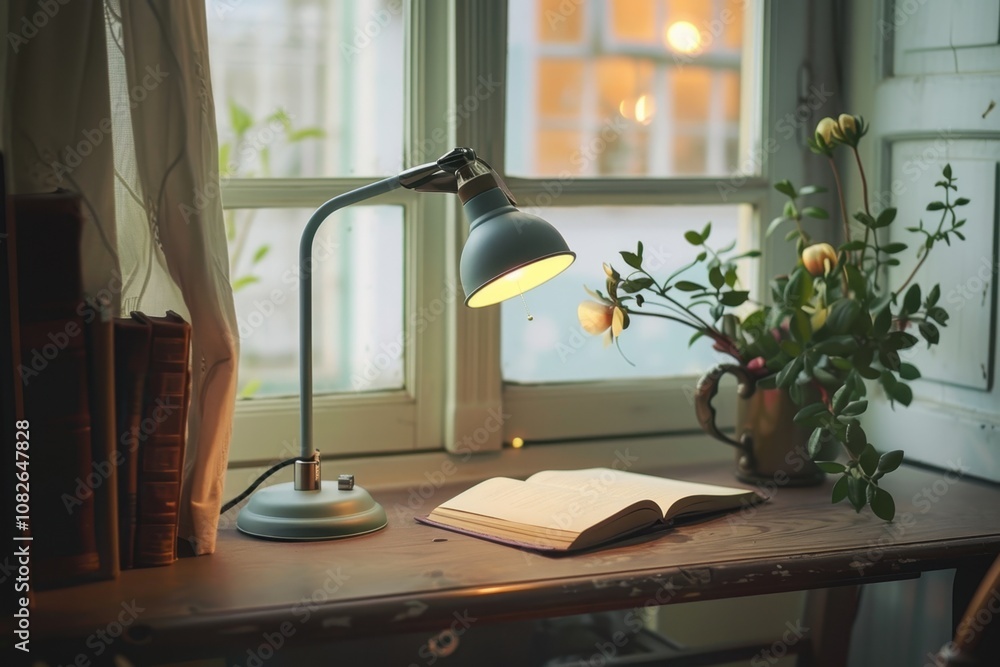 Leinwandbilder a cozy workspace illuminated by a desk lamp, featuring a keyboard and plants, creating a serene atmo
