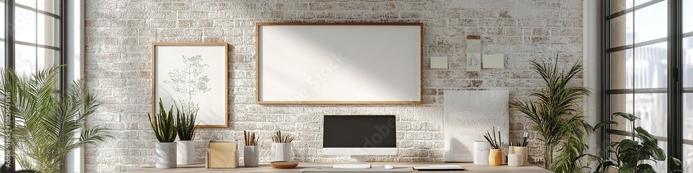 Poster Modern workspace with empty frames and desktop