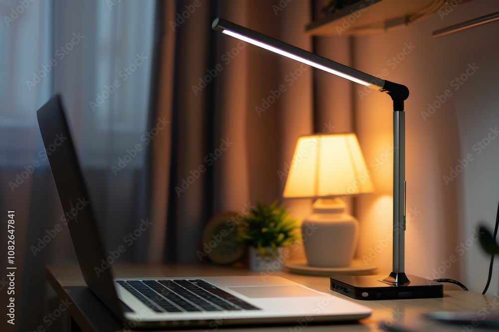 Leinwandbilder a cozy workspace illuminated by a desk lamp, featuring a keyboard and plants, creating a serene atmo