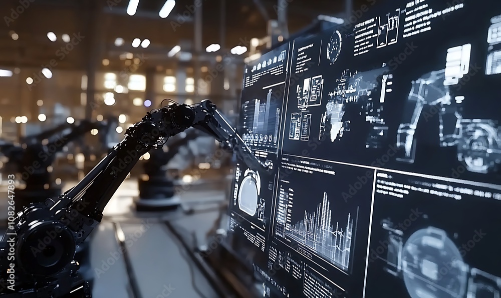 Aufkleber robotic arm interacting with a digital interface in a high-tech industrial setting.
