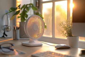 A modern orange table fan with a unique design positioned beside a small plant, books, and a smartphone on a wooden desk in a minimalist indoor setting