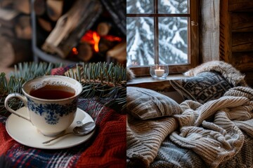 Cozy winter evening with a warm cup of tea and a crackling fire near a snowy window in a rustic cabin setting