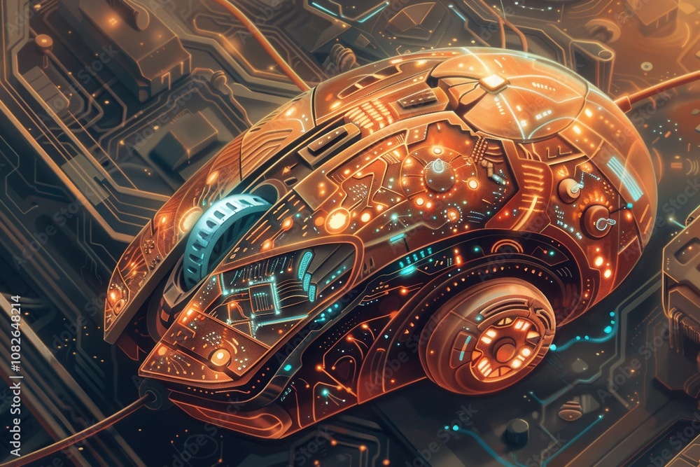 Poster A futuristic gaming mouse featuring intricate designs and glowing elements, showcasing advanced technology and creative engineering in a detailed illustration