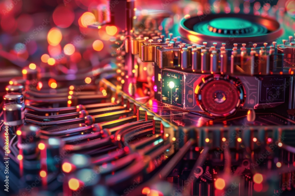 Aufkleber a close-up view of intricate circuitry and electronic components glowing with vibrant colors, showca