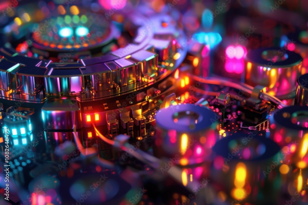 Aufkleber A close-up view of intricate circuitry and electronic components glowing with vibrant colors, showcasing advanced technology in a modern setting filled with dynamic lighting