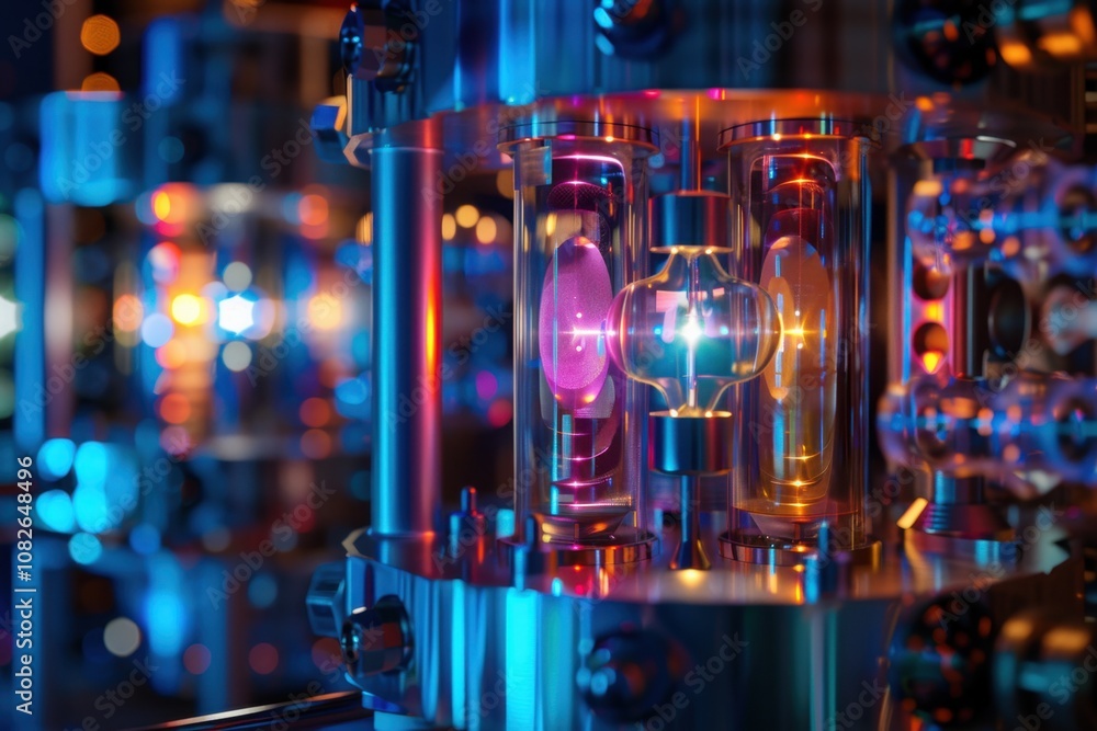 Poster a close-up view of intricate circuitry and electronic components glowing with vibrant colors, showca