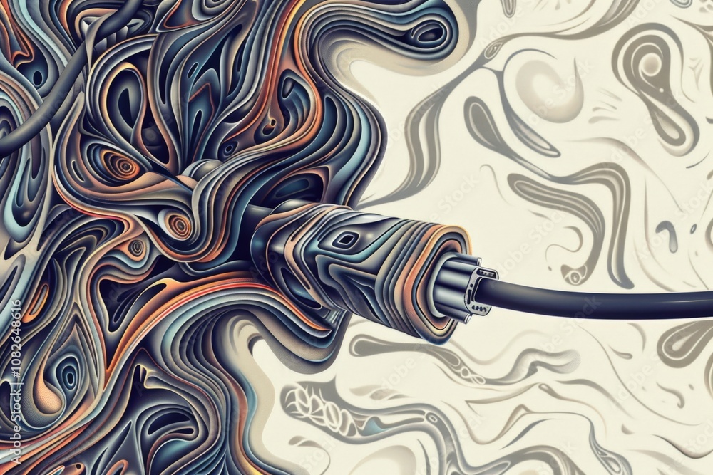 Poster colorful abstract art depicting a tangled audio cable emerging from a vibrant swirl of flowing shape