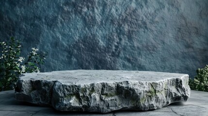 Podium Stage mockup with Stone and green tropical leaves background