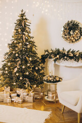 Christmas tree illuminating cozy living room decorated with golden ornaments