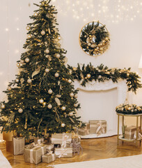 Christmas tree shining brightly in decorated living room