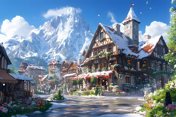 Fototapeta premium Illustration - Quaint Snow Village at Mountain Base