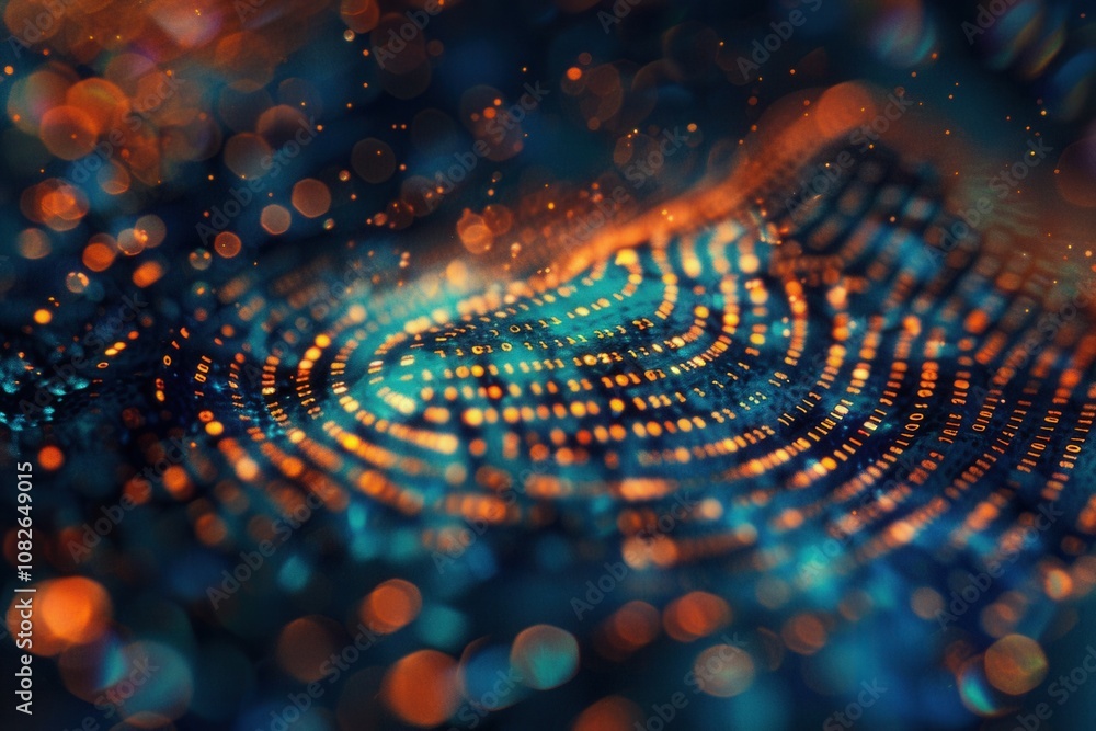 Poster Abstract representation of digital data with glowing binary code and colorful light reflections, showcasing technological concepts in a close-up view