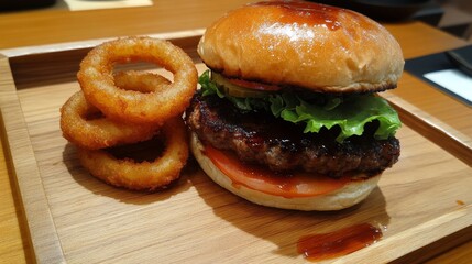 Delicious gourmet burger with fresh lettuce and tomato served alongside crispy onion rings on a wooden plate in a modern restaurant setting