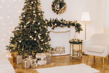 Christmas tree illuminating cozy living room with fireplace and gifts