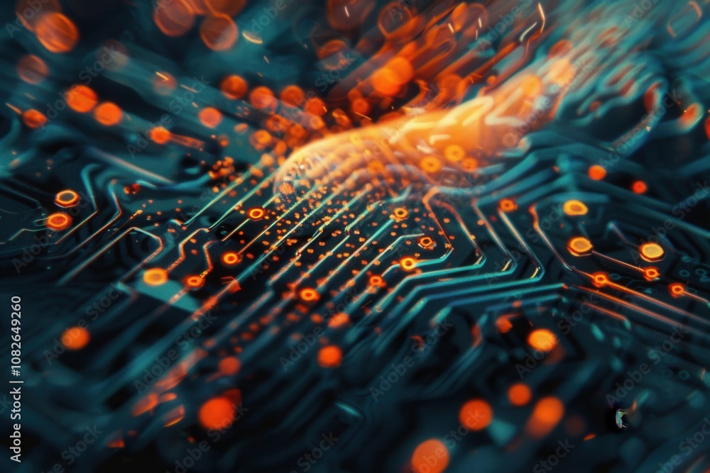 Poster Abstract representation of digital data with glowing binary code and colorful light reflections, showcasing technological concepts in a close-up view