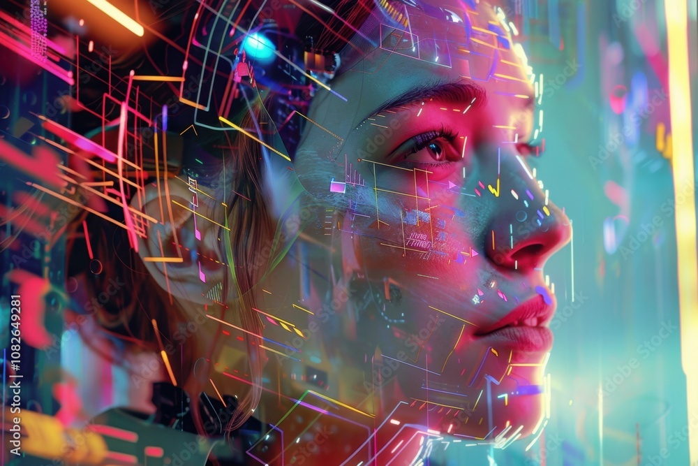 Poster a digitally rendered portrait of a serene woman surrounded by swirling fragments in an ethereal land