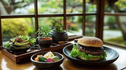 Freshly Prepared Gourmet Burger Served with Colorful Side Salad and Assorted Vegetables in a Cozy Restaurant Setting with Natural Light