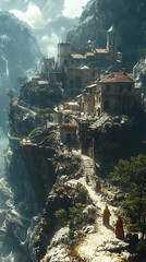 Fototapeta premium Illustration - Mountain Village Cliffside Path Fantasy Adventure