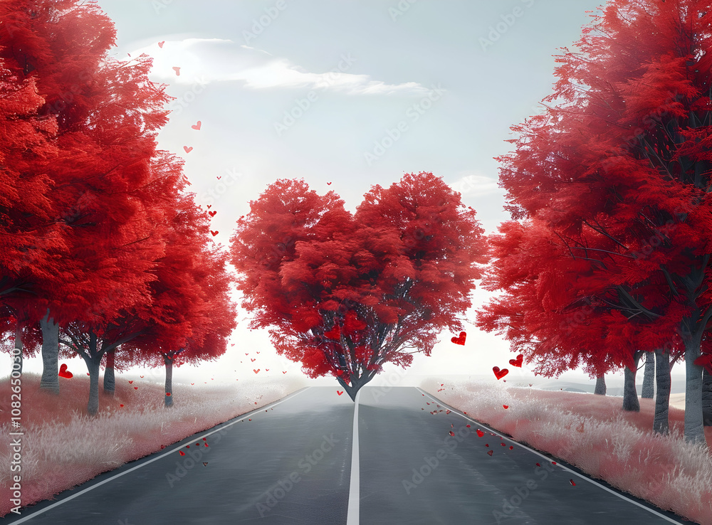 Poster a road with red trees on both sides, leading to the distance, forming an open heart-shaped frame in 