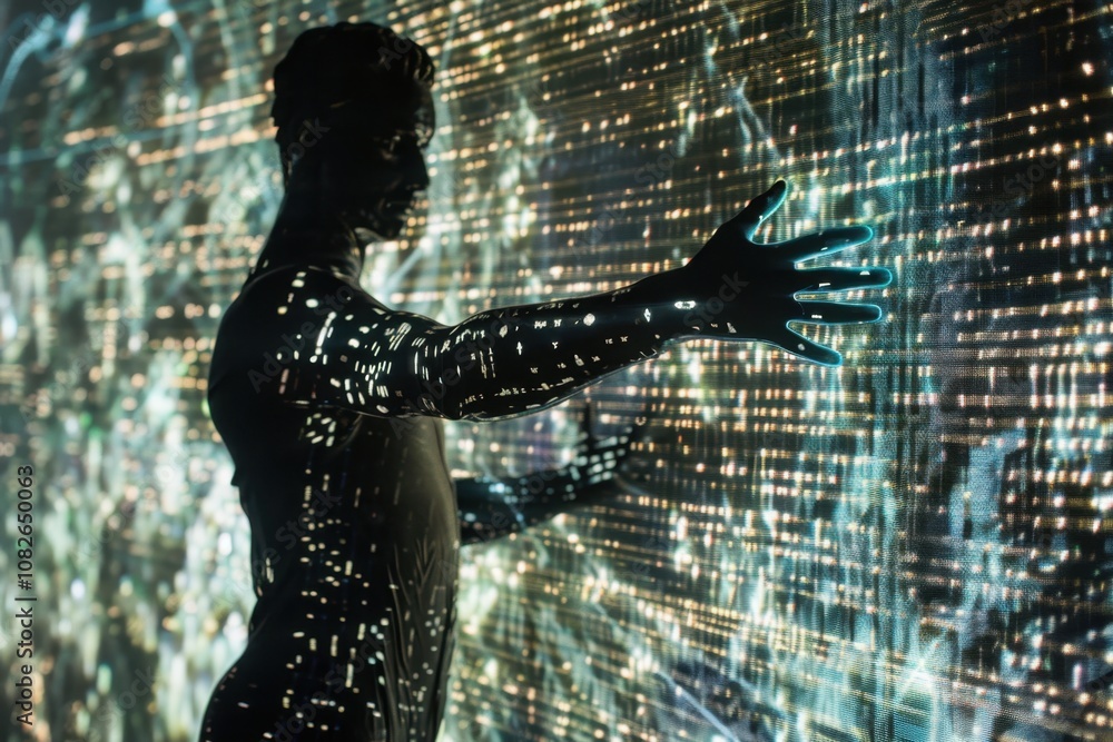 Aufkleber A woman captivates the viewer with a striking blend of light and shadow, her hands gesturing against a translucent backdrop in an artistic exploration of motion and emotion