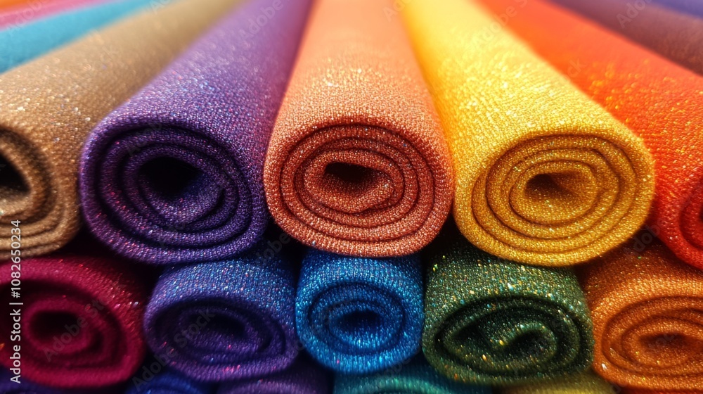 Poster various rolls of shimmering fabric in an array of rich colors are neatly arranged in a craft store, 