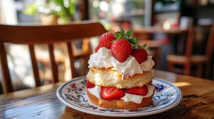 Delicious and Tempting Layered Strawberry Cake with Whipped Cream on a Charming Table in a Cozy Caf&eacute; Setting
