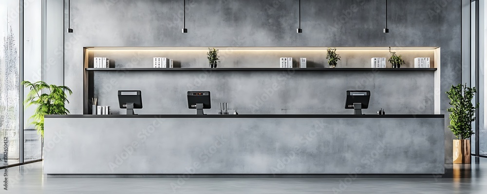 Poster modern reception area with a minimalist design and greenery.