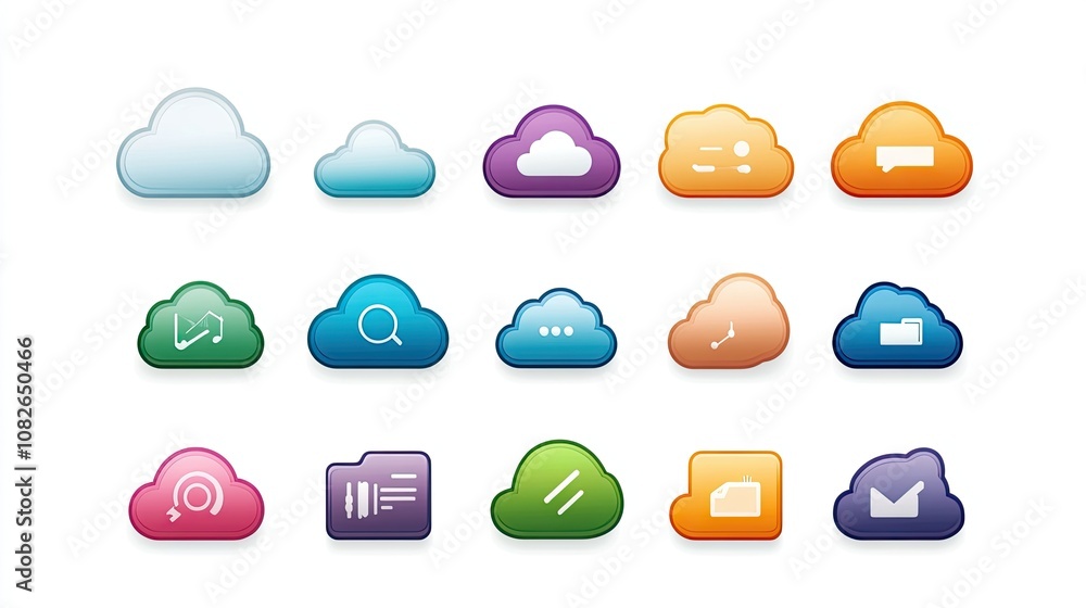Poster Colorful Cloud Icons for Digital Services and Online Storage Solutions Featuring Various Symbols and Elements for User Interaction and Data Management