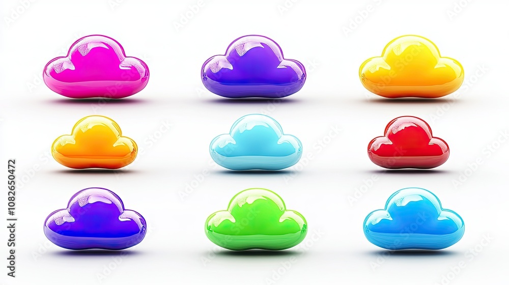 Poster colorful and glossy cloud icons in a variety of shades arranged in a grid pattern perfect for digita