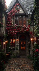 Illustration Cozy Cottage, Red Vines, Glowing Lamps