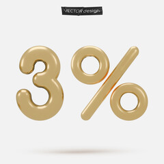Golden icon, 3d render three percent sign, 2 %. Realistic design element. Vector illustration isolated on white for postcard, icons, poster, banner, web, design, arts. Black Friday Sale
