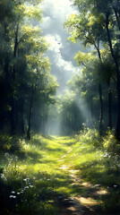 Fototapeta premium Illustration - Sunlit Forest Path with Wildflowers