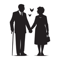 Elderly couple holding hands silhouette vector art black color design and solid white background 