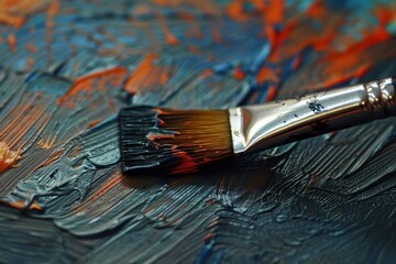 Fototapeta premium Brush applying thick blue paint on canvas, creating an abstract painting with orange and blue tones
