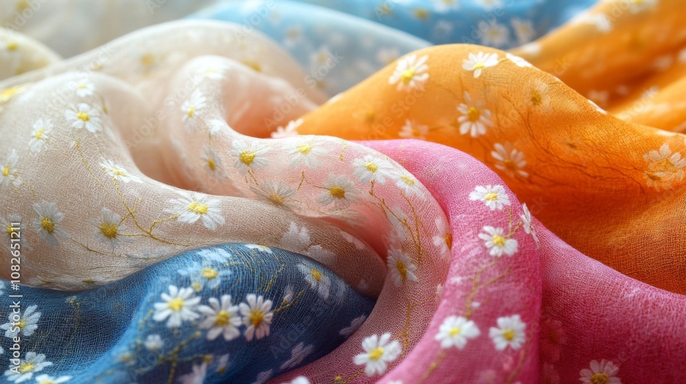 Poster delicate chiffon fabric in various vibrant colors is arranged gracefully, featuring intricate flower