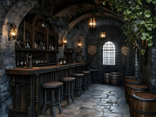 3D Tavern Interior Bar, Stools, Barrels, Window, Dark, Stone, Wood, Fantasy