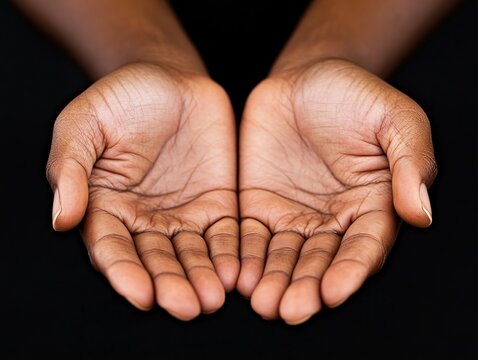 A close up of two hands cupped together on a black background