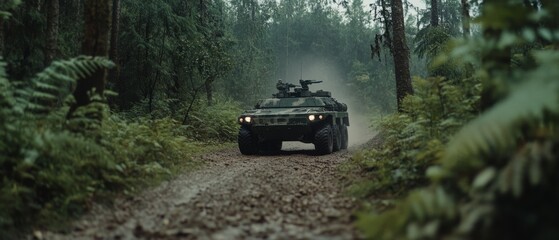 Armored vehicle travels a rugged forest path enveloped in nature's embrace, creating a scene of strength against wild tranquility.