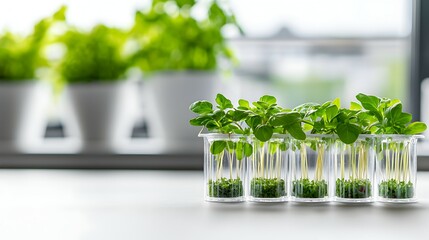 Fresh Culinary Innovation Lab-Grown Meat and Herbs in a Minimalist Kitchen - Embracing Sustainability with Earthy Tones and Natural Lighting